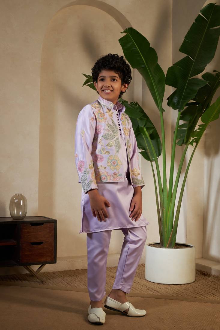Lavender satin thead with sequins embroidered work wedding function festival party boys straight kurta pant koti