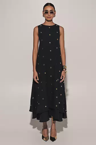 Black embroidered linen dress