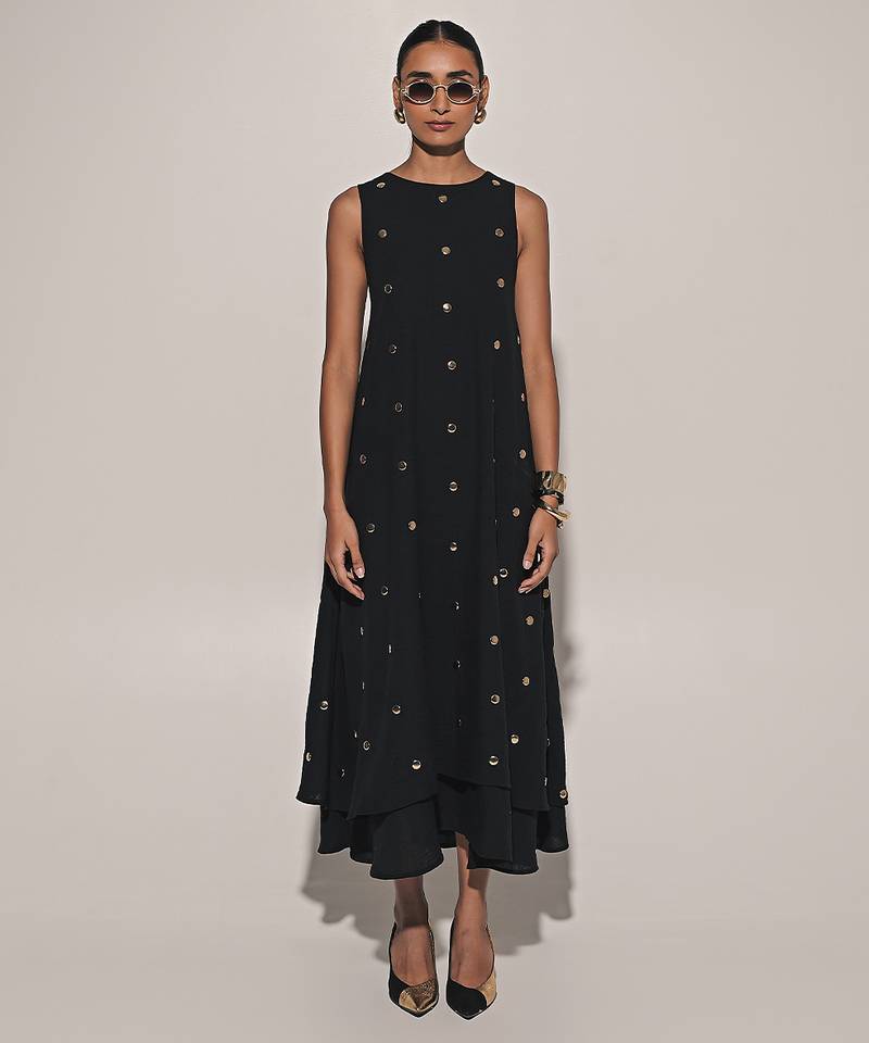 Black embroidered linen dress
