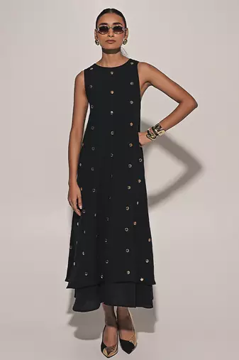 Black embroidered linen dress