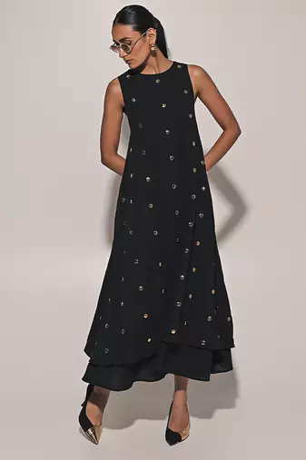 Black embroidered linen dress