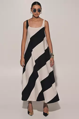 Black & white imported scuba georgette striped dress