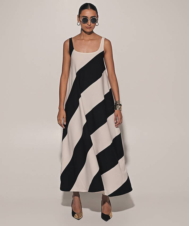Black & white imported scuba georgette striped dress