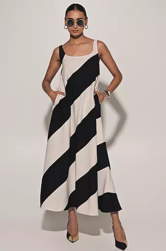 Black & white imported scuba georgette striped dress
