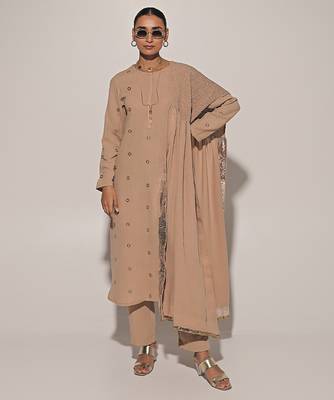 Beige embroidered linen kurta set 1