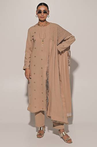 Beige embroidered linen kurta set