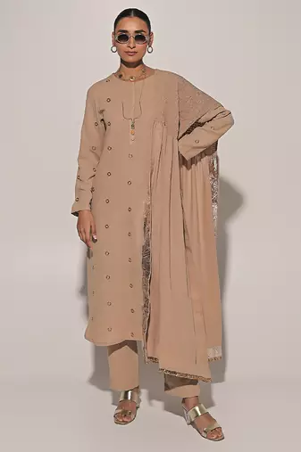 Beige embroidered linen kurta set