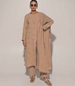 Beige embroidered linen kurta set