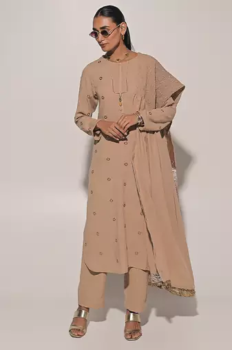 Beige embroidered linen kurta set