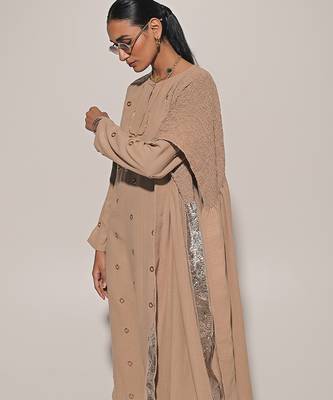 Beige embroidered linen kurta set 3