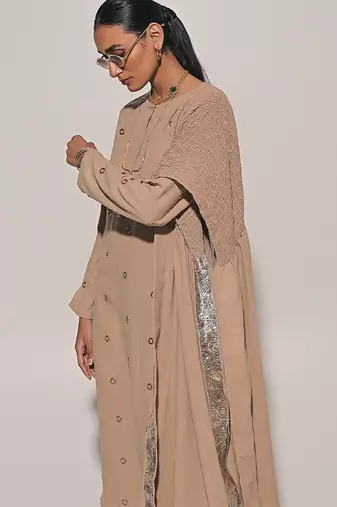 Beige embroidered linen kurta set