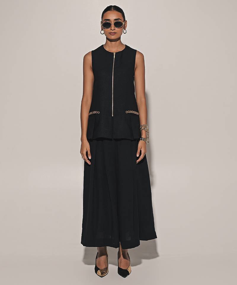 Black embroidered linen co ord set