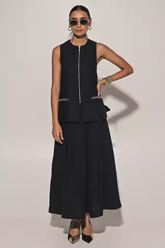 Black embroidered linen co ord set