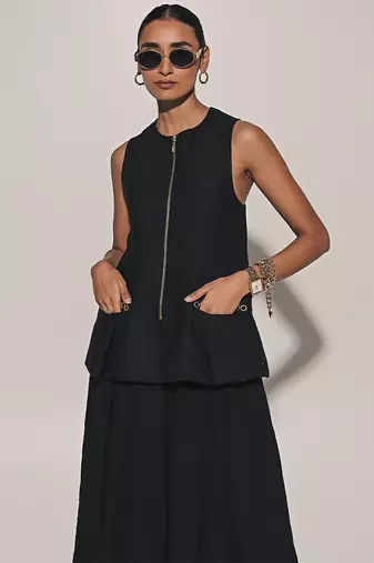 Black embroidered linen co ord set