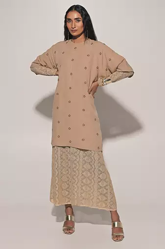 Beige embroidered linen co ord set