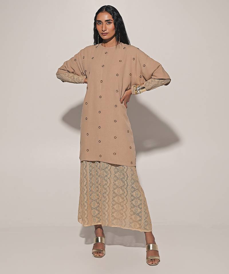 Beige embroidered linen co ord set