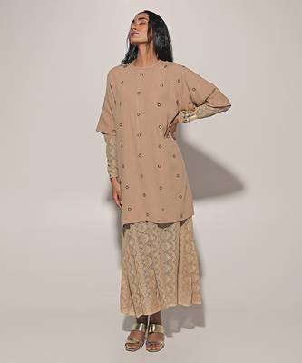 Beige embroidered linen co ord set 2