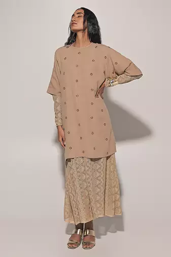 Beige embroidered linen co ord set