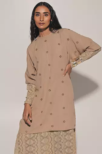 Beige embroidered linen co ord set