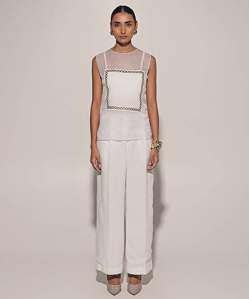 White embroidered linen co ord set