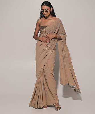 Beige Embroidered Linen Saree 1