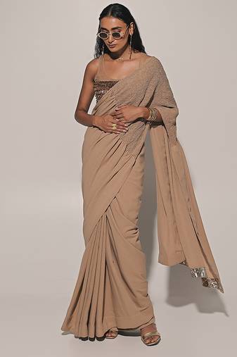 Beige Embroidered Linen Saree