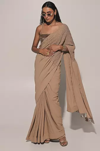 Beige Embroidered Linen Saree