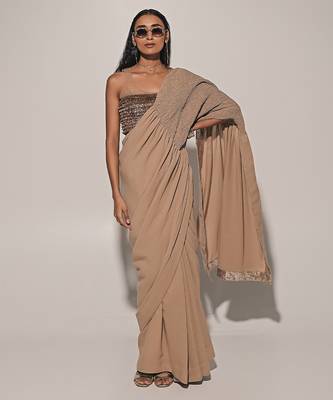 Beige Embroidered Linen Saree 2