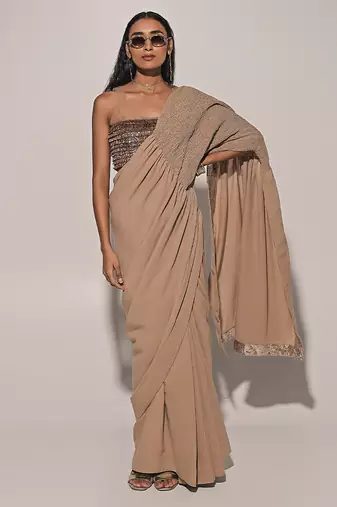 Beige Embroidered Linen Saree
