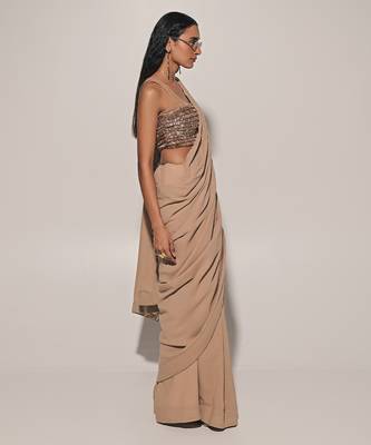 Beige Embroidered Linen Saree 3