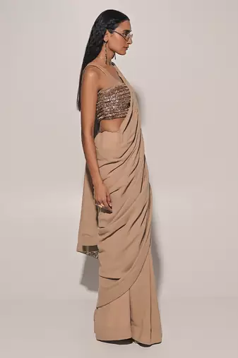 Beige Embroidered Linen Saree