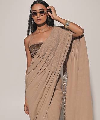 Beige Embroidered Linen Saree 4