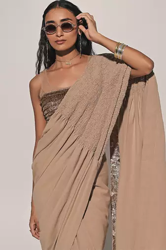 Beige Embroidered Linen Saree