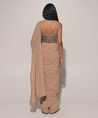 Beige Embroidered Linen Saree 5
