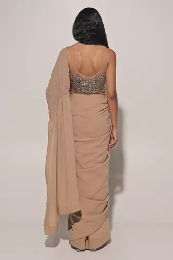 Beige Embroidered Linen Saree