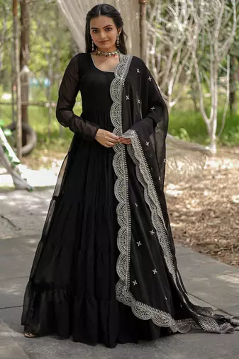 Black faux georgette designer anarkali gown with dupatta
