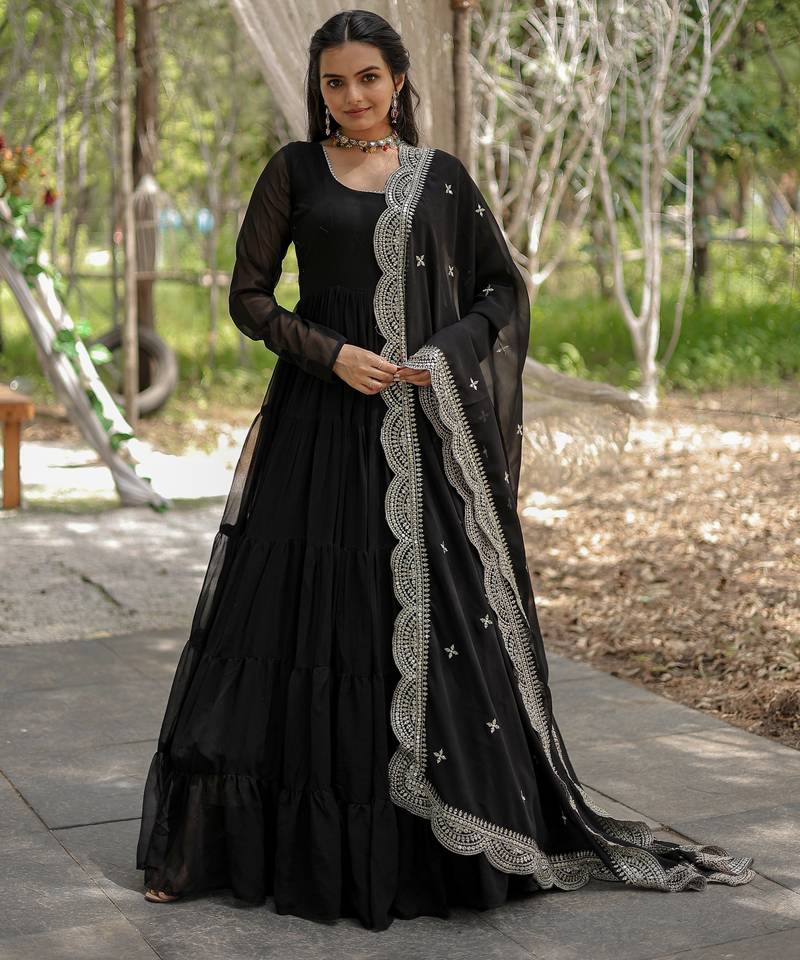 Black faux georgette designer anarkali gown with dupatta