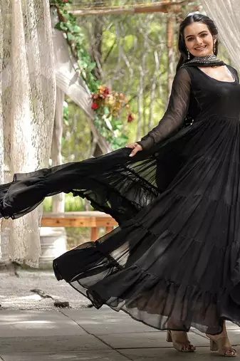 Black faux georgette designer anarkali gown with dupatta