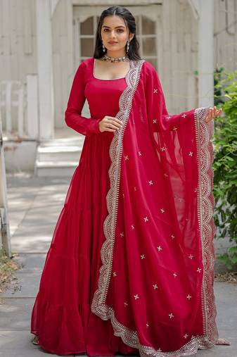 Pink faux georgette designer anarkali gown with dupatta