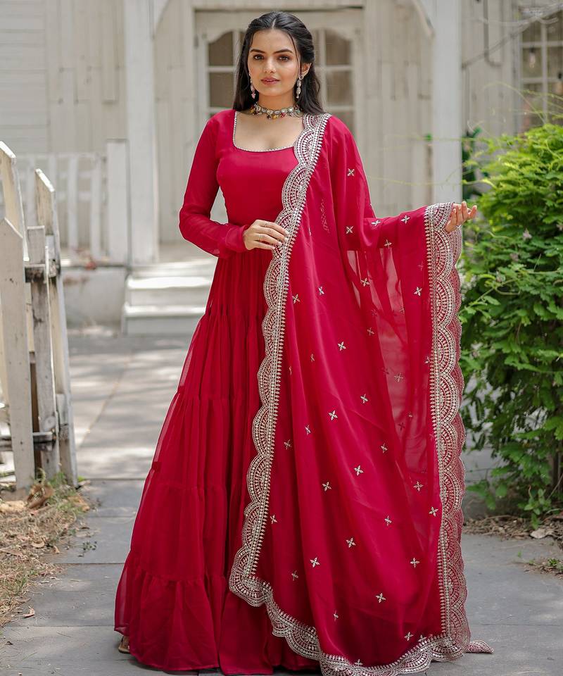 Pink faux georgette designer anarkali gown with dupatta