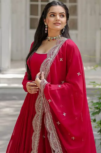 Pink faux georgette designer anarkali gown with dupatta