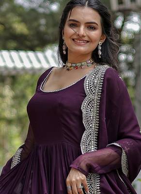 Wine faux georgette designer anarkali gown with dupatta 1
