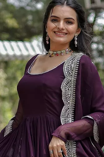 Wine faux georgette designer anarkali gown with dupatta