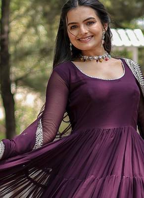Wine faux georgette designer anarkali gown with dupatta 2