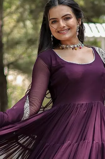 Wine faux georgette designer anarkali gown with dupatta