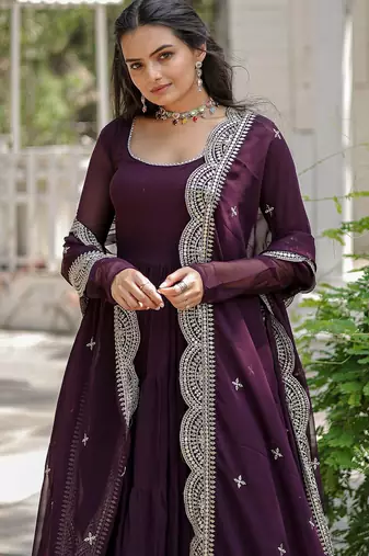 Wine faux georgette designer anarkali gown with dupatta
