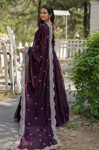 Wine faux georgette designer anarkali gown with dupatta
