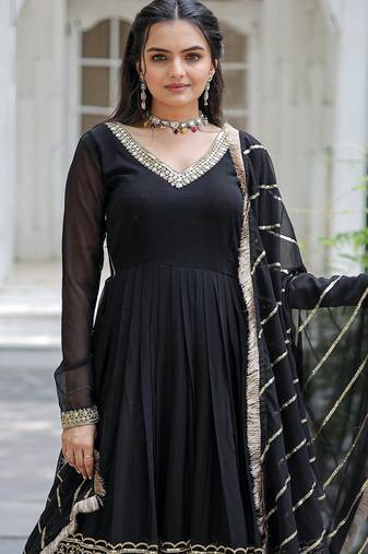 Black faux blooming sequins embroidered anarkali gown with dupatta