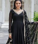Black faux blooming sequins embroidered anarkali gown with dupatta