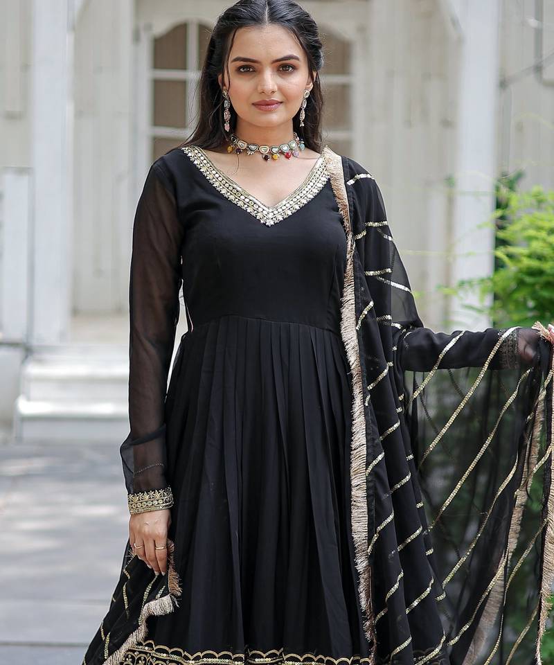 Black faux blooming sequins embroidered anarkali gown with dupatta